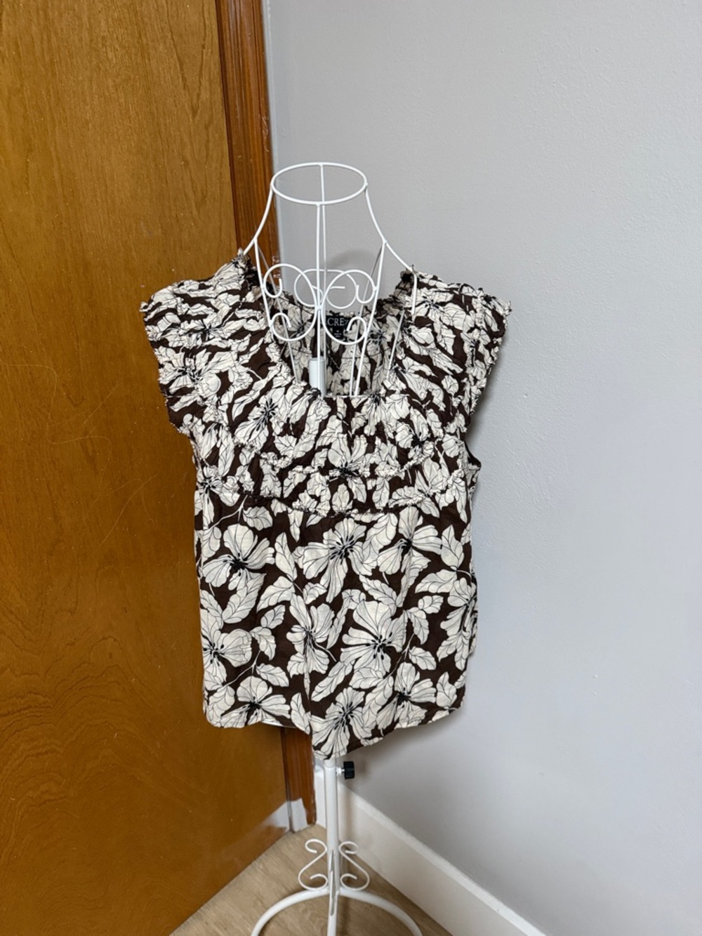 J. Crew Brown and White Floral Smocked Cap-Sleeve Crop Top